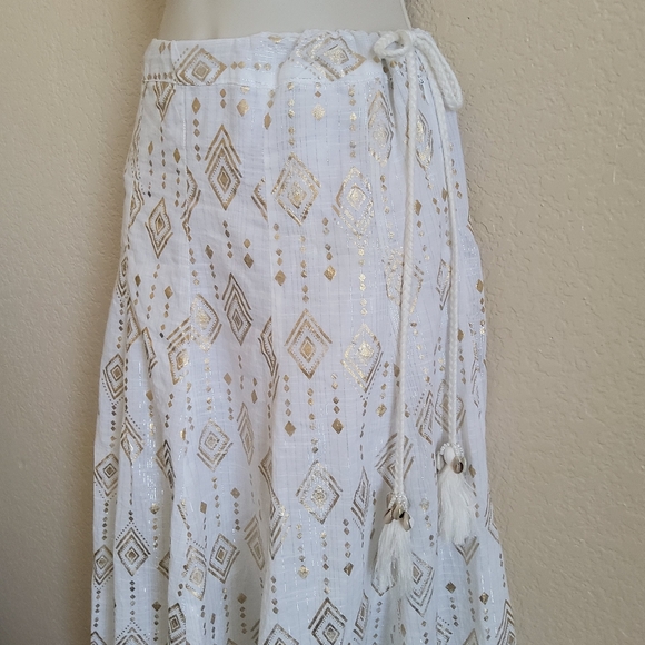 Aqua Swim Ruffle Print Maxi Midi Coverup Skirt Size S Gold White New - Picture 3 of 10